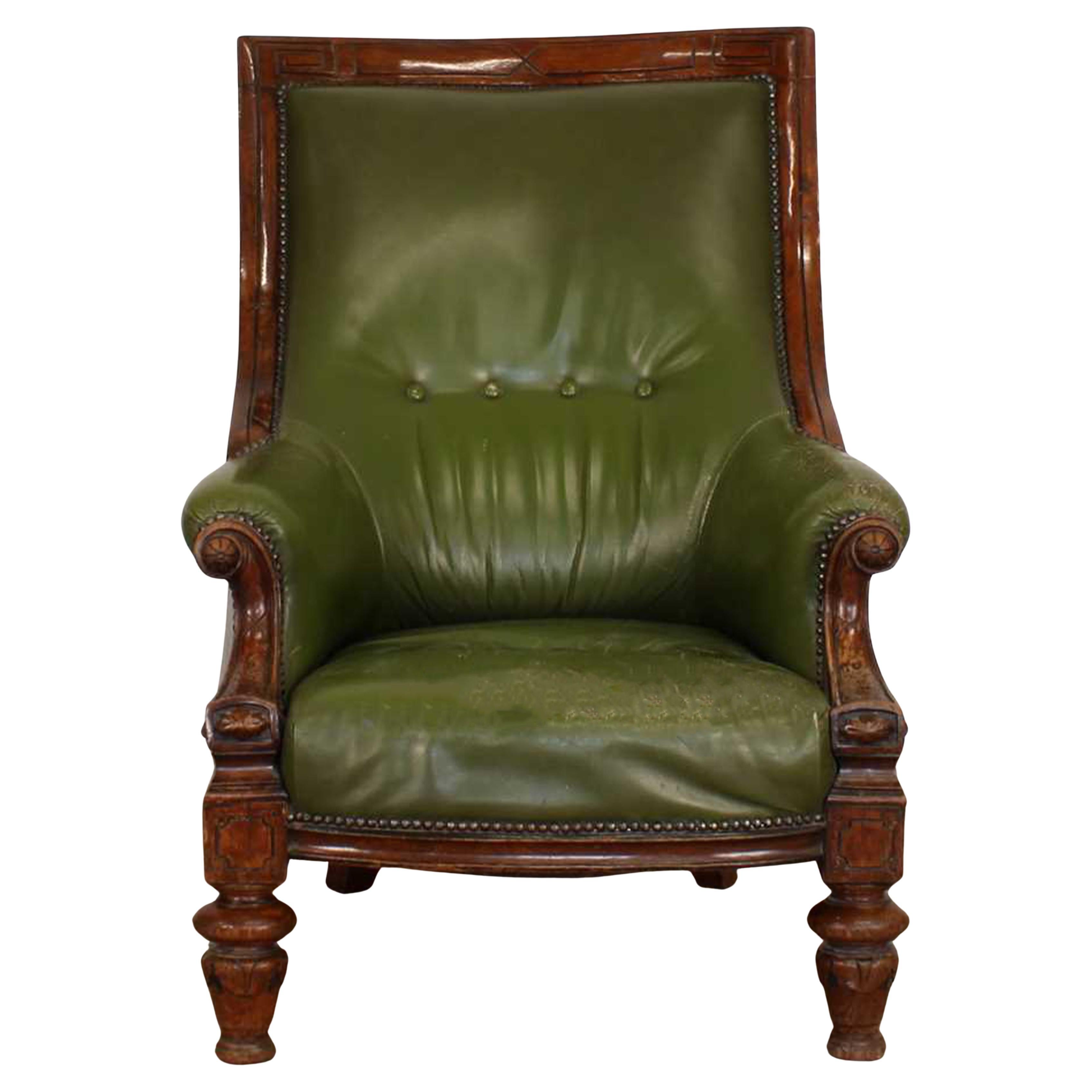 Vittoriano Antica poltrona vittoriana con schienale a bottoni in pelle verde in stile Gillows in vendita