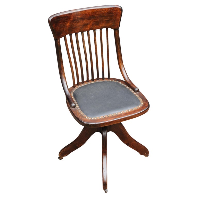 A Victorian Antique Polished Leather Bentwood Revolving Desk Chair