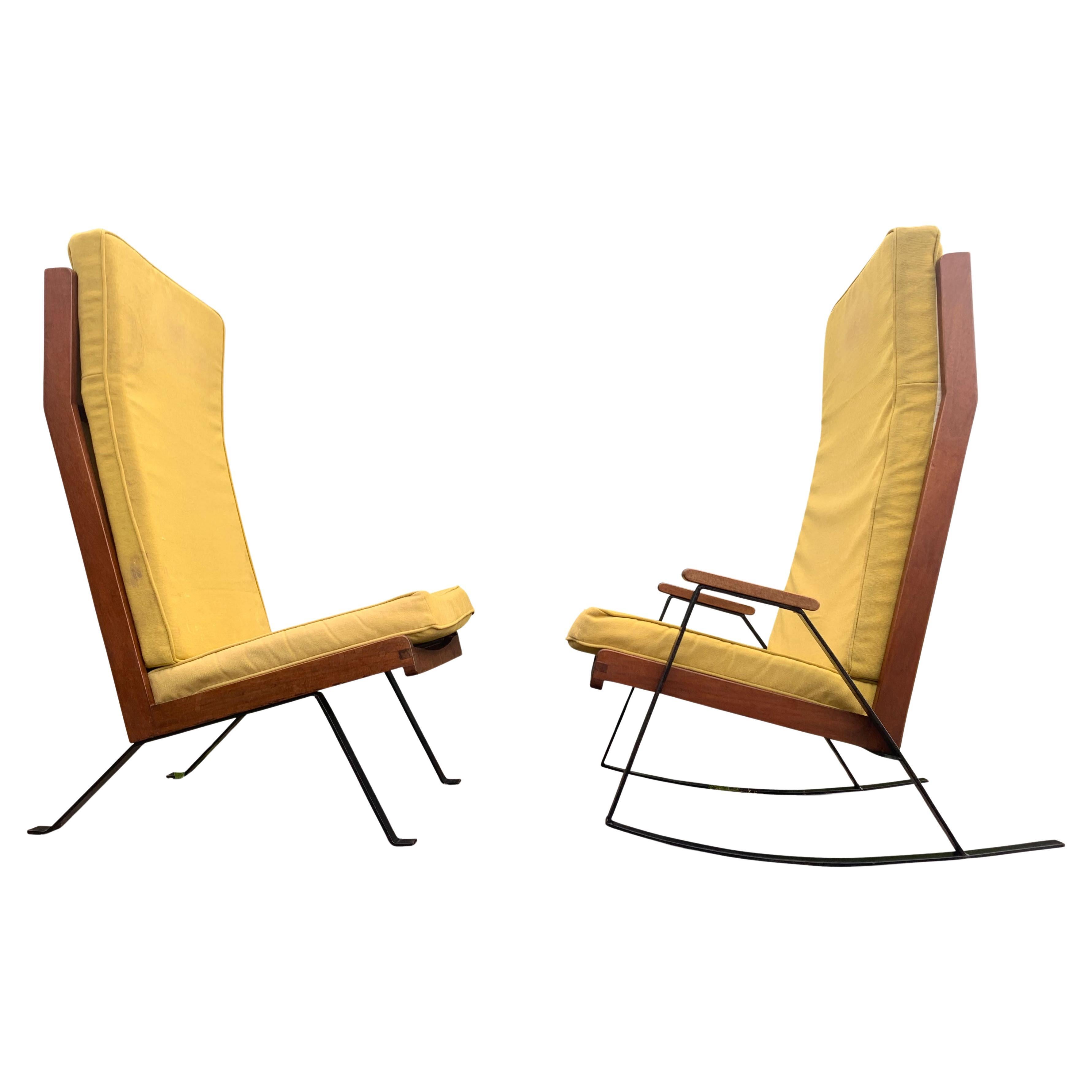 A Rare Pair of Mid Century Modern Teak & Ebonised Steel Upholstered Shell Chairs For Sale