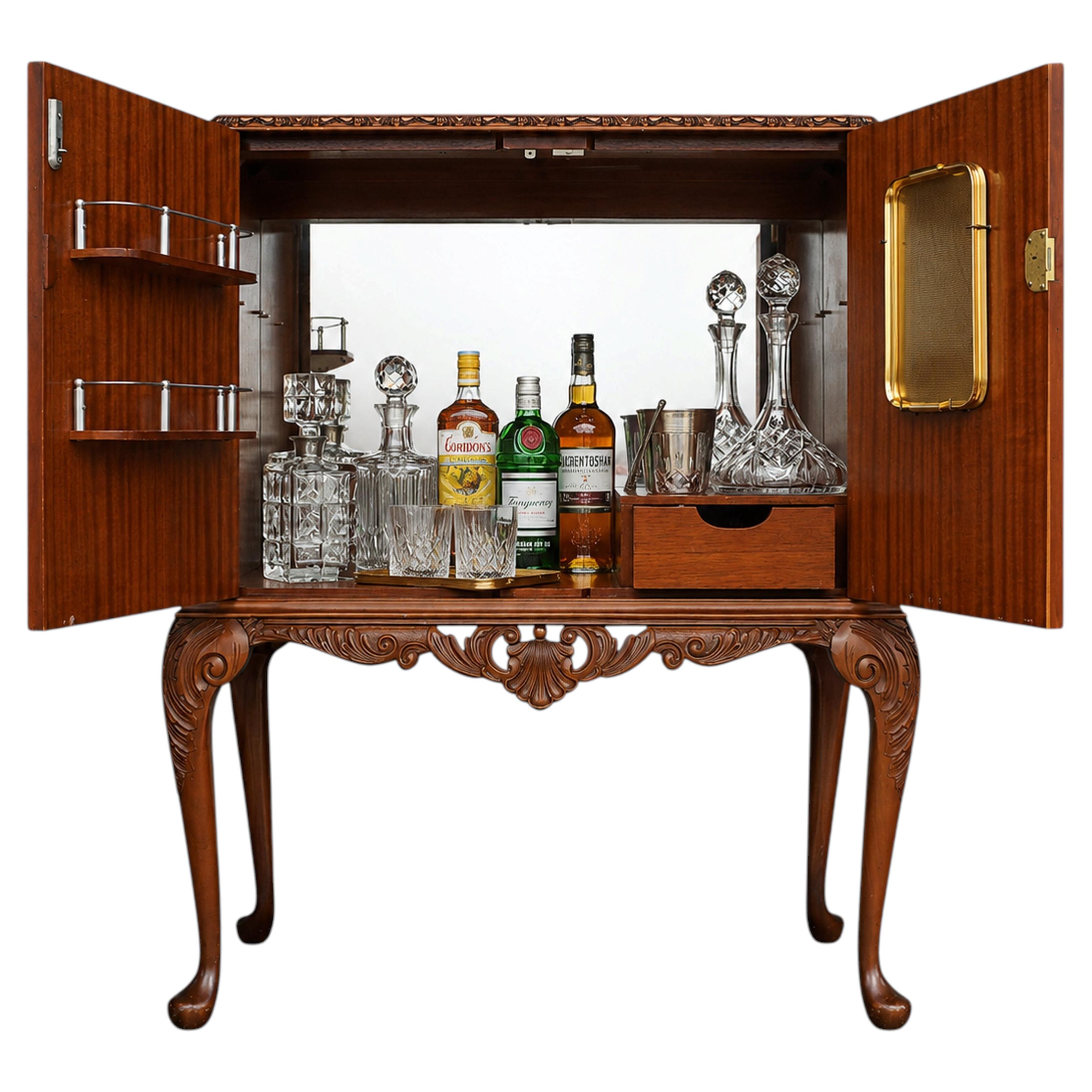 1950s Luxurious Queen Anne Dry Bar Cabinet with Beech & Brass Finish