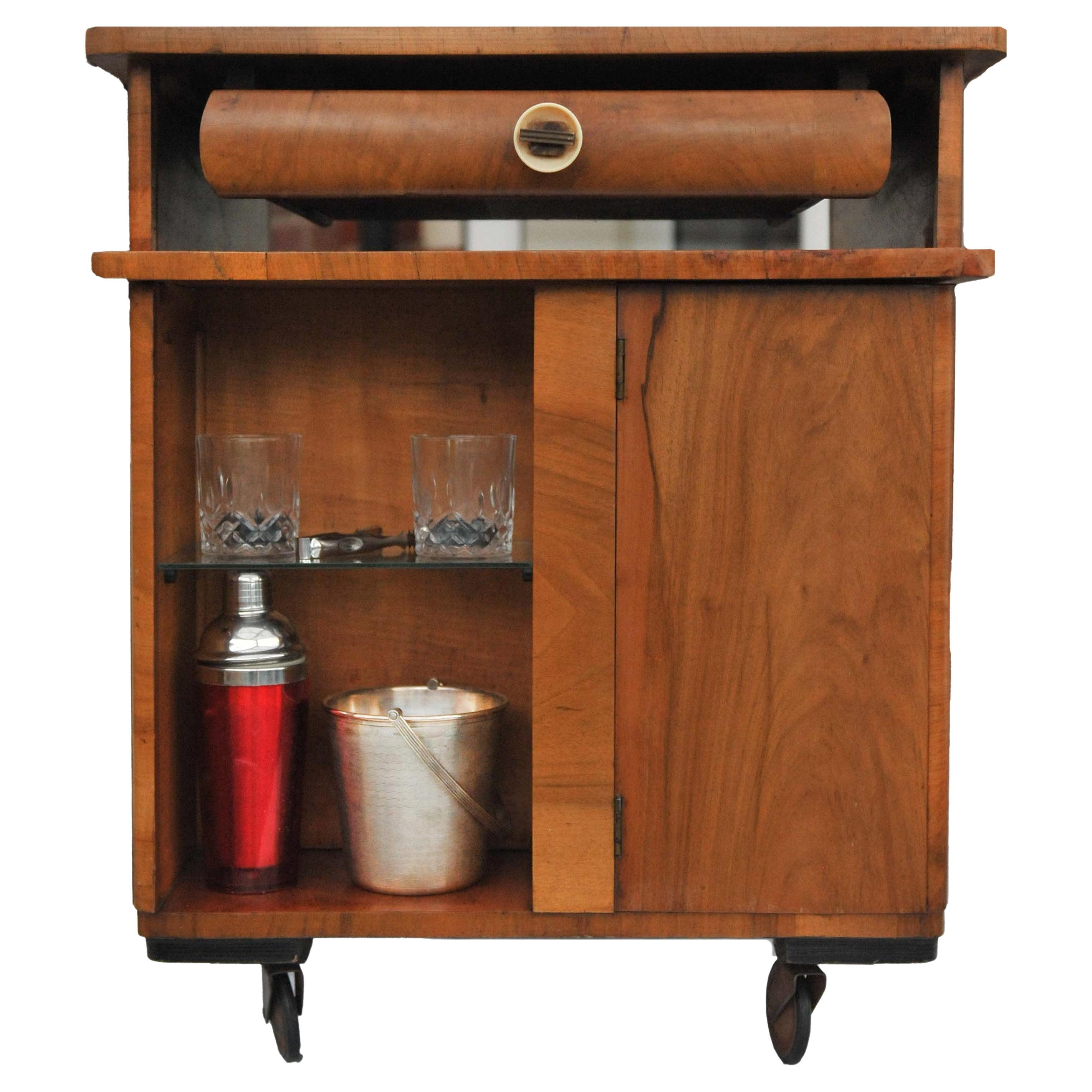 Carrello da bar Art Deco "Multibeau" in radica di noce impiallacciata anni
30