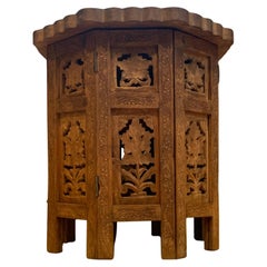Antique Middle Eastern Octagonal Carved Table With Brass Inlay