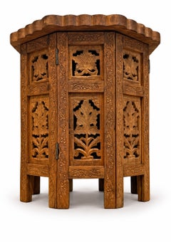 Antique Middle Eastern Octagonal Carved Table With Brass Inlay