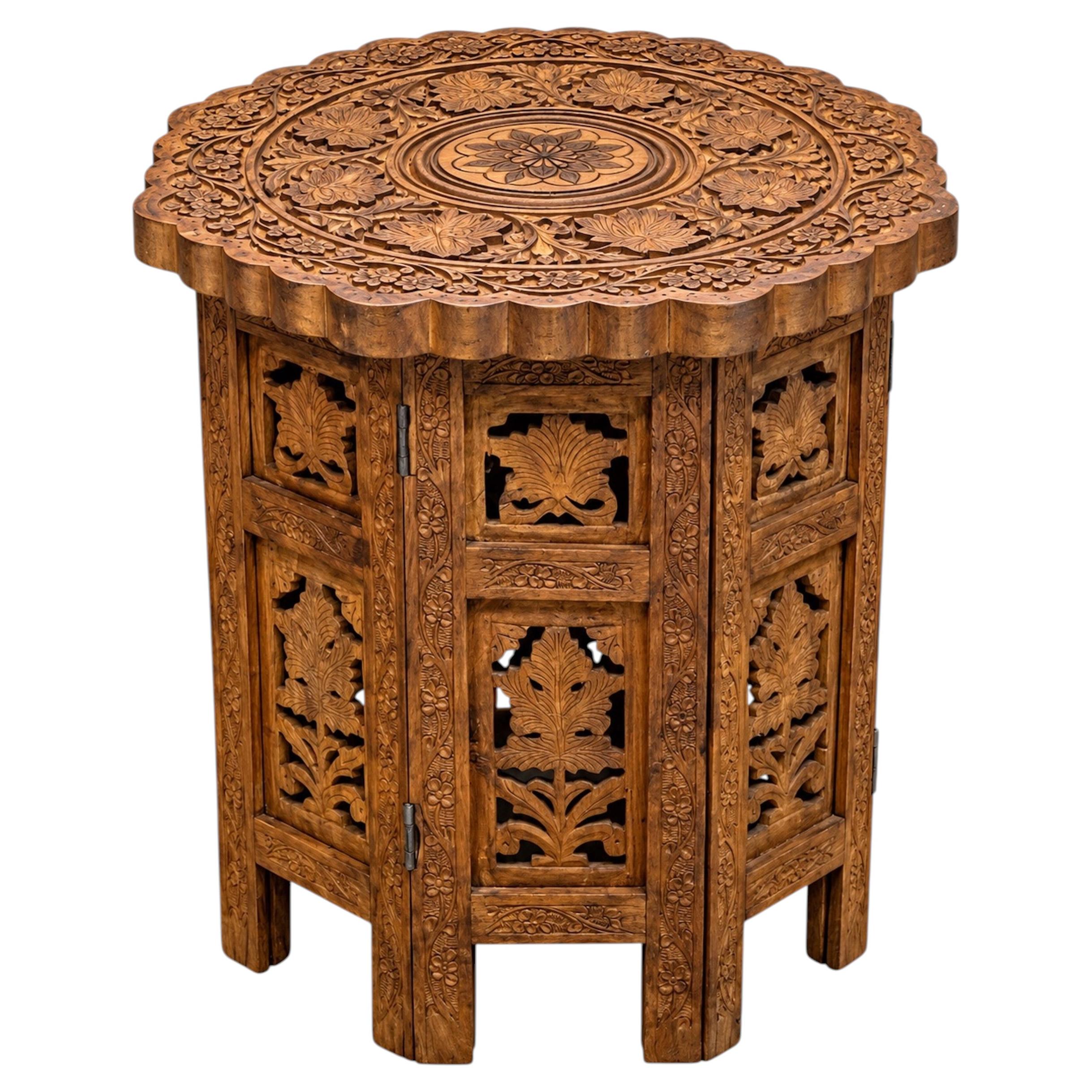 Antique Middle Eastern Octagonal Carved Table With Brass Inlay