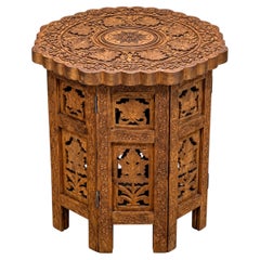 Antique Middle Eastern Octagonal Carved Table With Brass Inlay