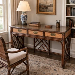 Mid-Century Rattan Side Table, Three Drawers, Glazed Top, 1950s