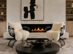 Pair Mid-Century Savonarola Curule Chairs in Blue Velvet Ebonised Iron & Brass