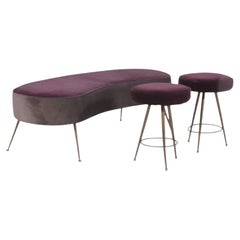 Gio Ponti Inspired Curved Ottoman Bench With A Matching Pair of Stools