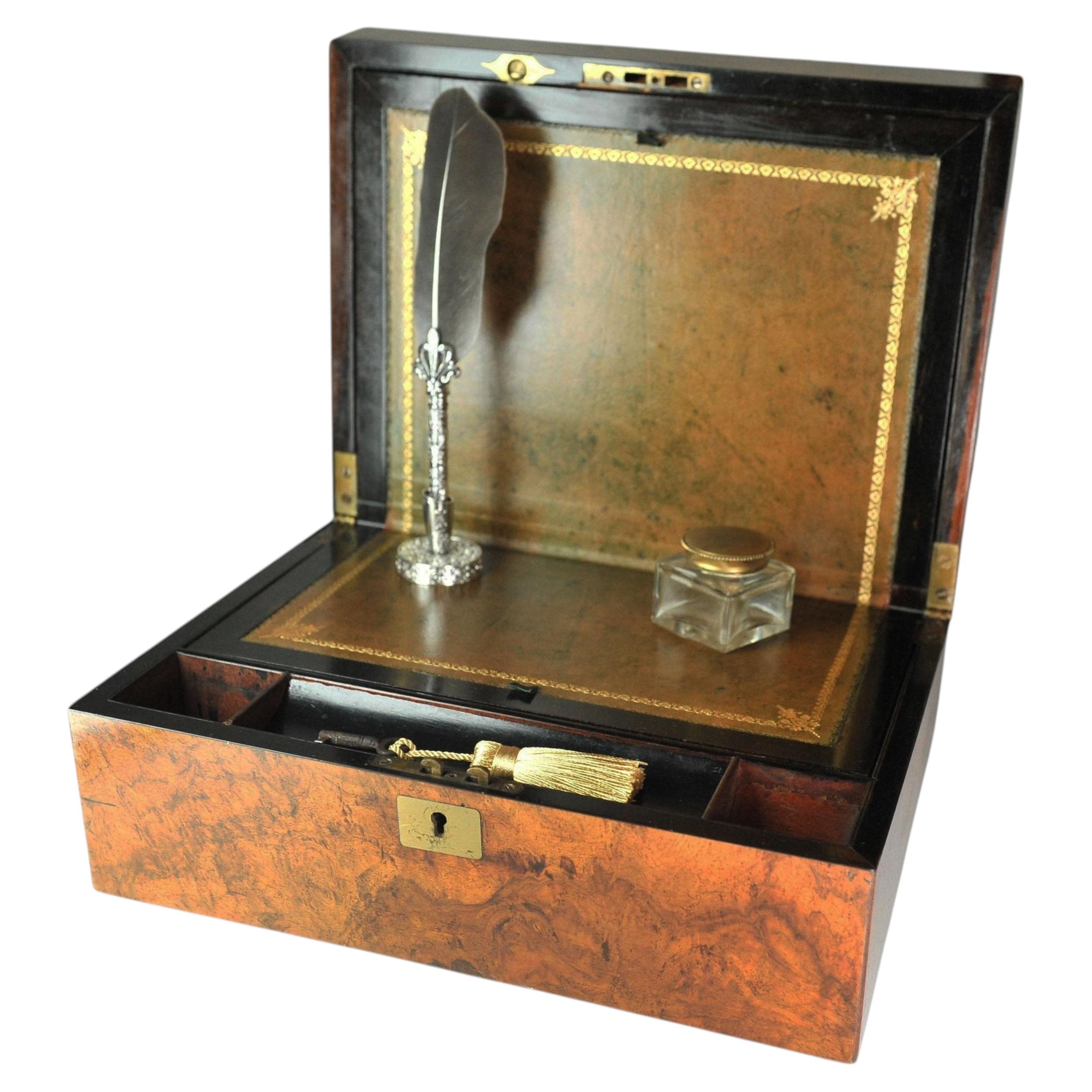 Antique Victorian Walnut Writing Slope With Leather Interior For Sale