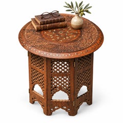 Antique Moroccan Occasional Table with Carved Wood & Brass Inlay