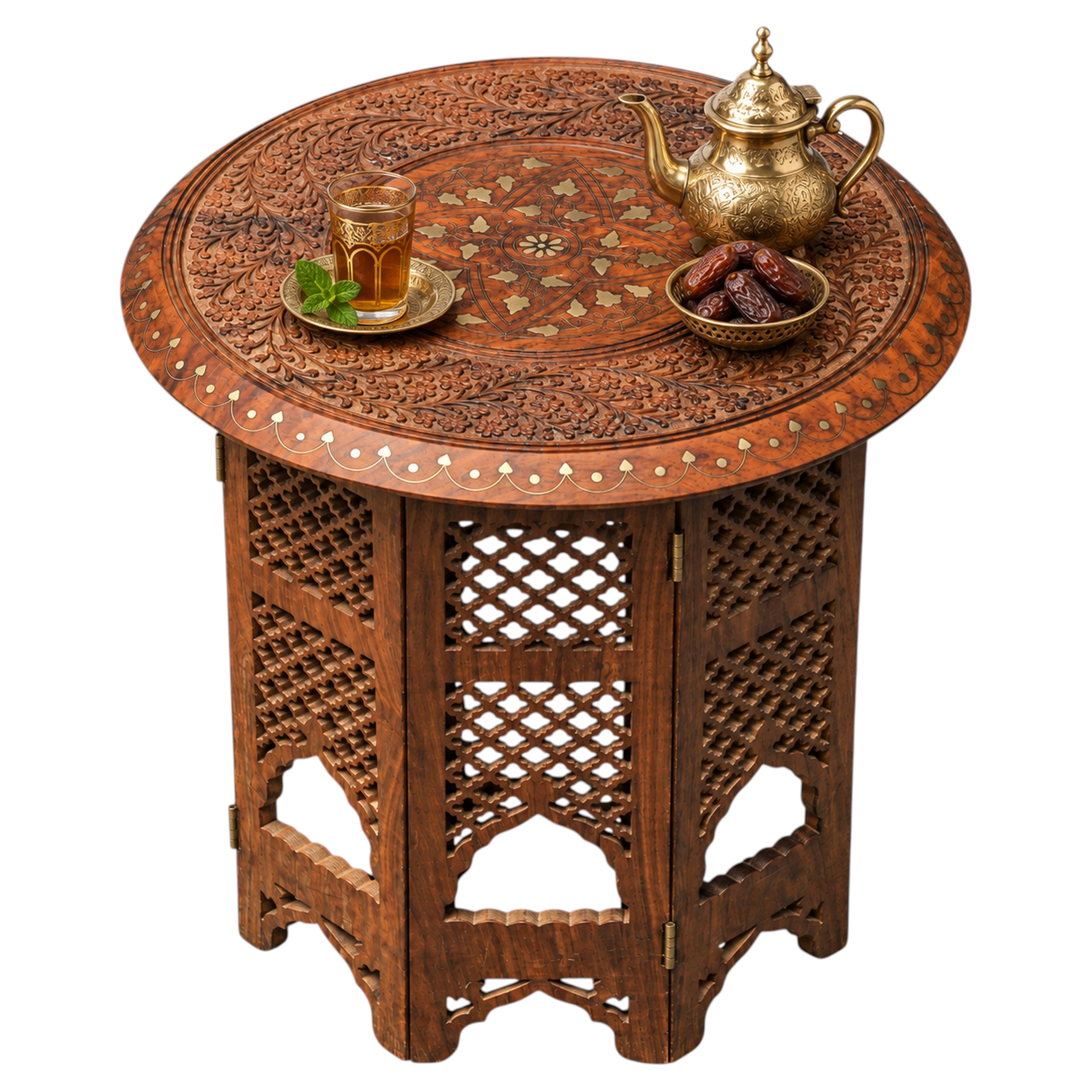 Antique Moroccan Occasional Table with Carved Wood & Brass Inlay