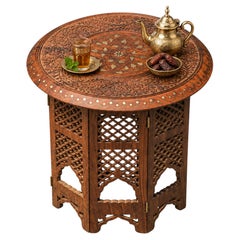 Antique Moroccan Occasional Table with Carved Wood & Brass Inlay