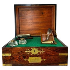 Antique Writing Slope / Lap Desk in Rosewood with Brass Inlay and Green Baize