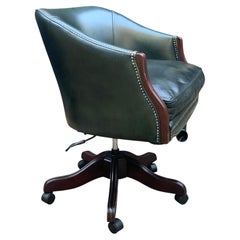 Vintage Racing Green Leather Swivel Desk Chair Mahogany-Toned Base and Nail Trim