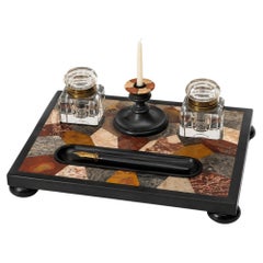Antique Italian Specimen Marble Desk Inkstand with Twin Crystal Inkwells