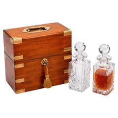 Victorian Campaign Oak and Brass Two-Decanter Box with Bramah Lock