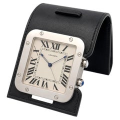 Vintage Cartier Santos Silver Tone Travel Alarm Clock in Black Leather Case