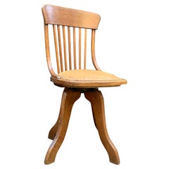 Antique Victorian Oak Bentwood Frame Revolving Desk Chair With Tan Leather Seat