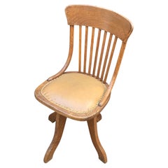 Antique Victorian Oak Bentwood Frame Revolving Desk Chair With Tan Leather Seat
