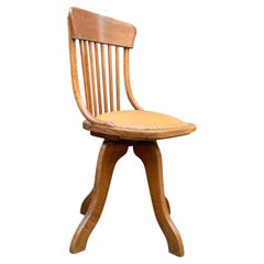 Antique Victorian Oak Bentwood Frame Revolving Desk Chair With Tan Leather Seat