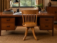 Antique Victorian Oak Bentwood Frame Revolving Desk Chair With Tan Leather Seat