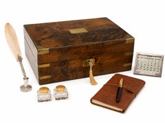 Antique Victorian Burr Walnut Brass Bound Writing Slope With Secret Compartments