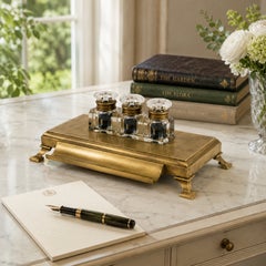 Art Deco Brass Desk Stand with Three Faceted Glass Inkwells, Circa 1920-30's