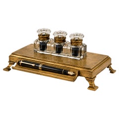 Art Deco Brass Desk Stand with Three Faceted Glass Inkwells, Circa 1920-30's
