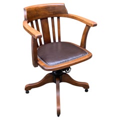 Antique Edwardian Oak Spindle-Back Revolving Desk Chair With Brown Leather Seat