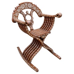 Late 19th Century Levantine Savonarola Rocking Chair With Beautiful Floral Inlay