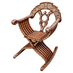 Late 19th Century Levantine Savonarola Rocking Chair With Beautiful Floral Inlay