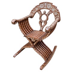 Late 19th Century Levantine Savonarola Rocking Chair With Beautiful Floral Inlay