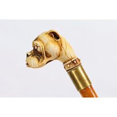 Antique Bulldog-Handled Walking Cane with Brass Collar and Ferrule, 90 cm 1800's