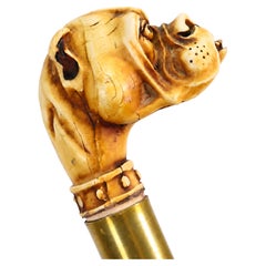 Antique Bulldog-Handled Walking Cane with Brass Collar and Ferrule, 90 cm 1800's