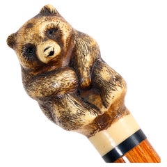 Antique Bear-Handled Walking Cane with Brass Collar and Ferrule, 92 cm 1800's