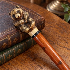 Antique Bear-Handled Walking Cane with Brass Collar and Ferrule, 92 cm 1800's