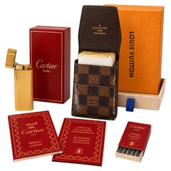Cartier 18ct Gold Plated Godron Lighter & Leather Louis Vuitton Cigarette Case