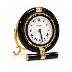 Cartier Circular Desk Clock Gilt Metal & Black Enamel **free us import fee***
