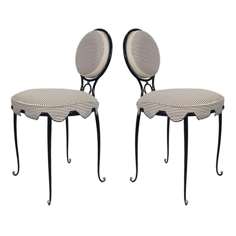 Rene Drouet Attributed Pair of Wrought Iron Upholstered Chairs For Sale