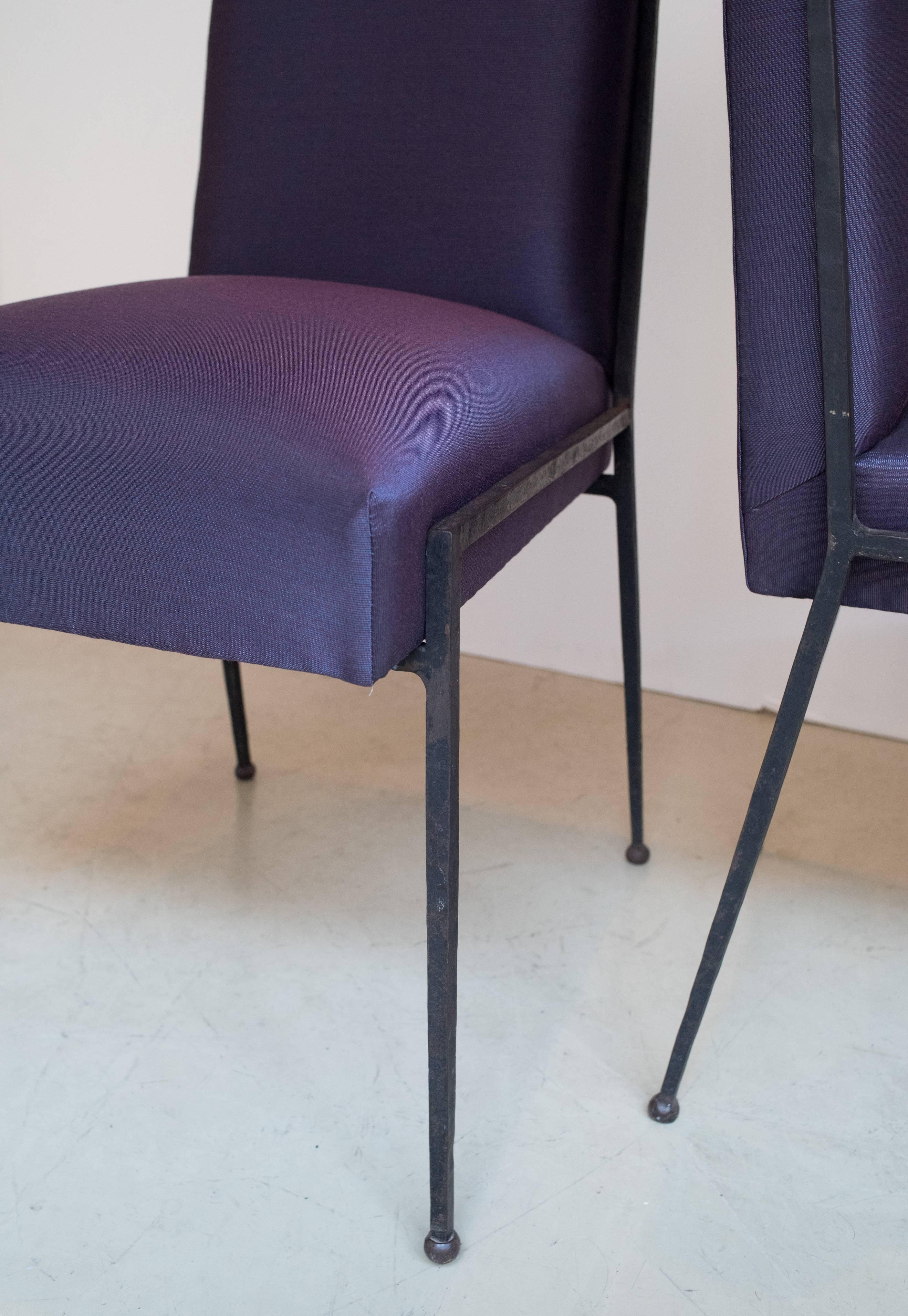 French Deco Iron Dining Chairs with Purple Silk Fabric Newly Upholstered In Excellent Condition For Sale In New York, NY