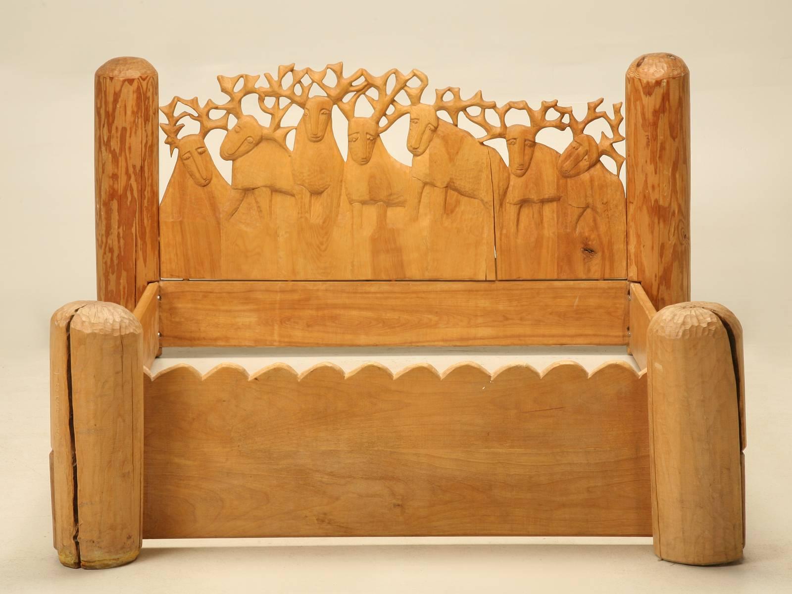 Maybe one of my all-time favorite beds which was hard-carved by the noted sculptor Jerzy Kenar, about 30 years ago. We probably should have named it; “Seven Stags” because there are seven stags carved to form the headboard. The bed takes a standard