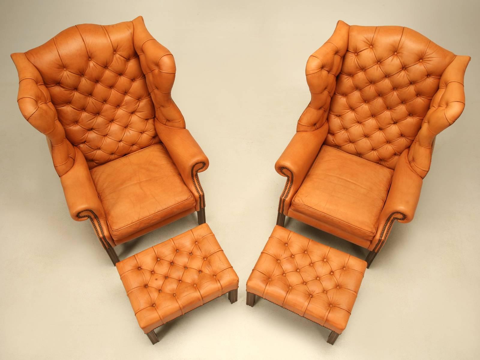 No, these are not made by Hermes, but I sure wish they were. The pair of Chesterfield wingbacks with their matching ottomans were produced by Wade in England and are of the highest quality construction, from the hardwood frames, to the glove soft