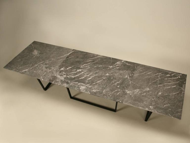 This is a great look that can hold any thickness stone, wood or glass top, while remaining stable and not costing a gazillion dollars. We can offer it in numerous metals, but to keep the price palatable, we would suggest steel, with either a