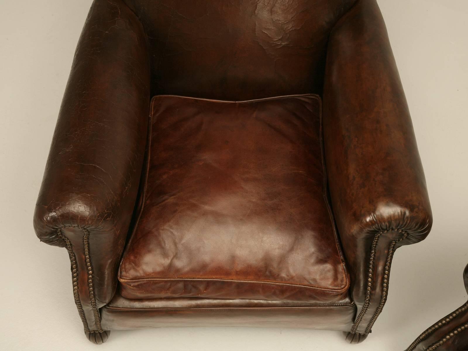 French Leather Club Chairs, circa 1930s In Good Condition In Chicago, IL