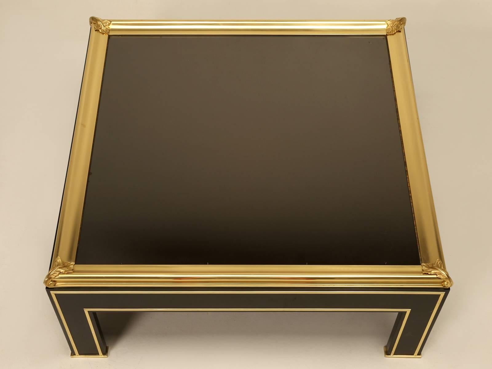Hand-Crafted French Coffee Table Style of Maison Jansen Black Glass, Lacquer with Brass Trim For Sale