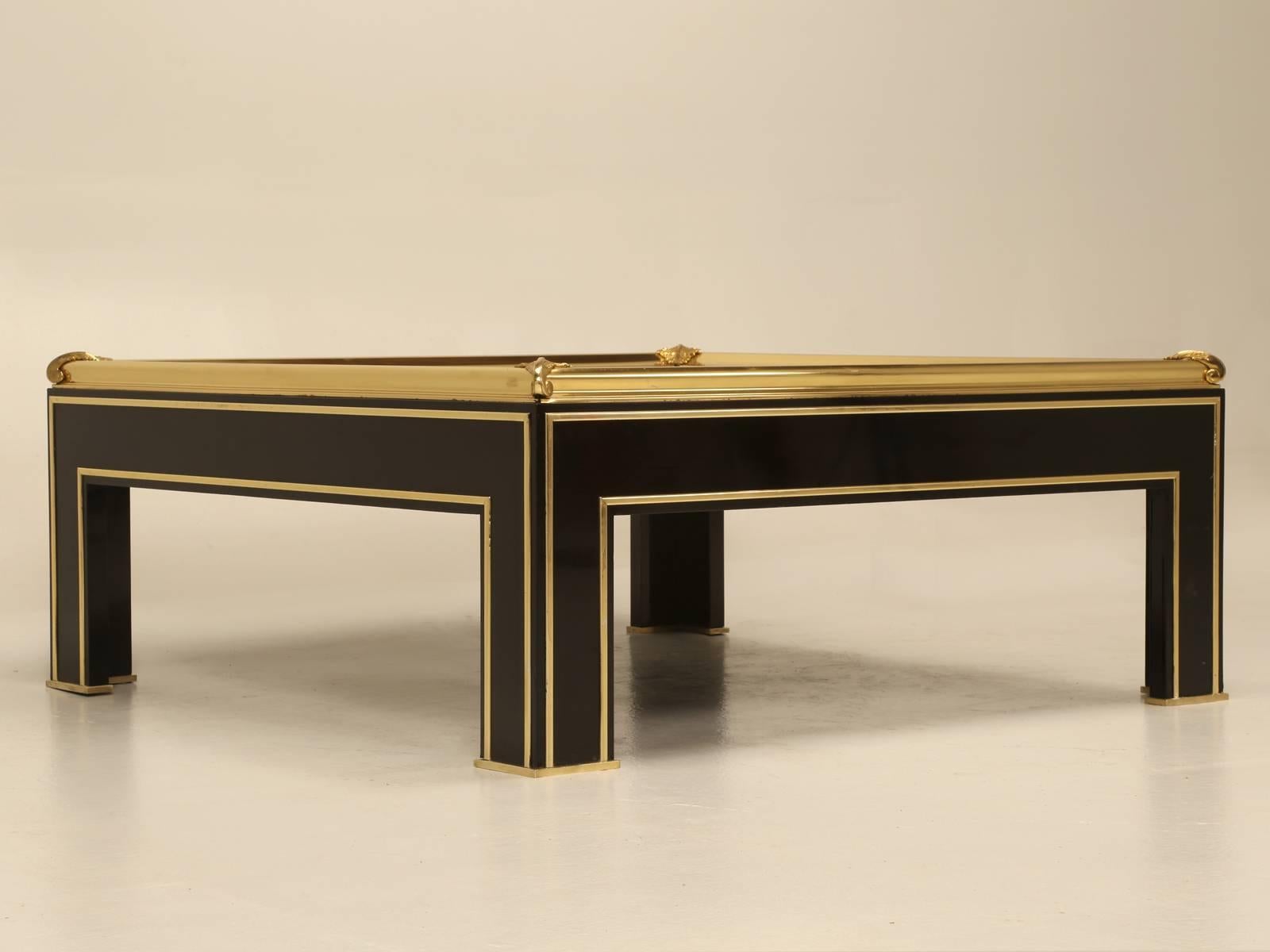 French Coffee Table Style of Maison Jansen Black Glass, Lacquer with Brass Trim 3