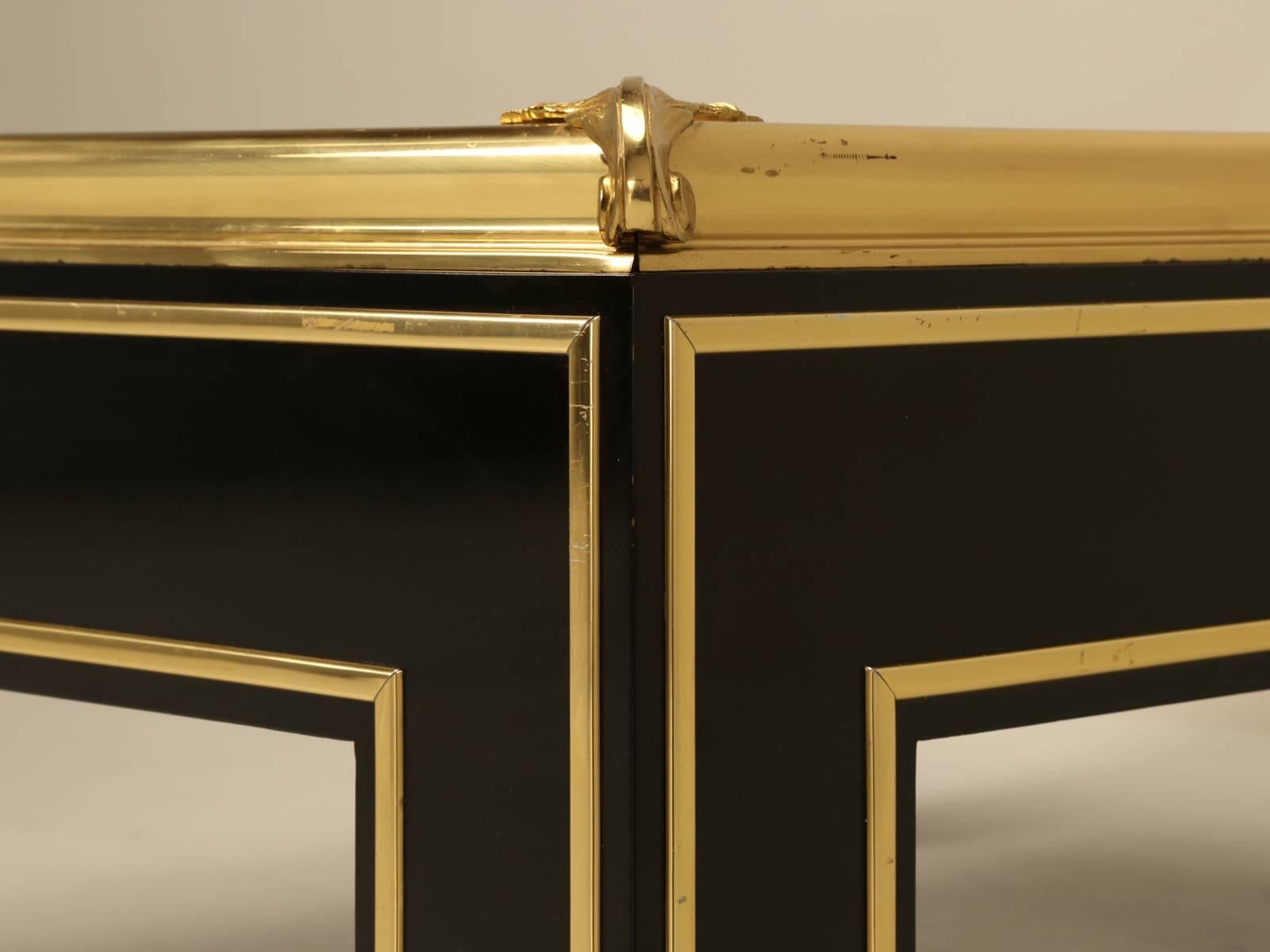 French Coffee Table Style of Maison Jansen Black Glass, Lacquer with Brass Trim 4