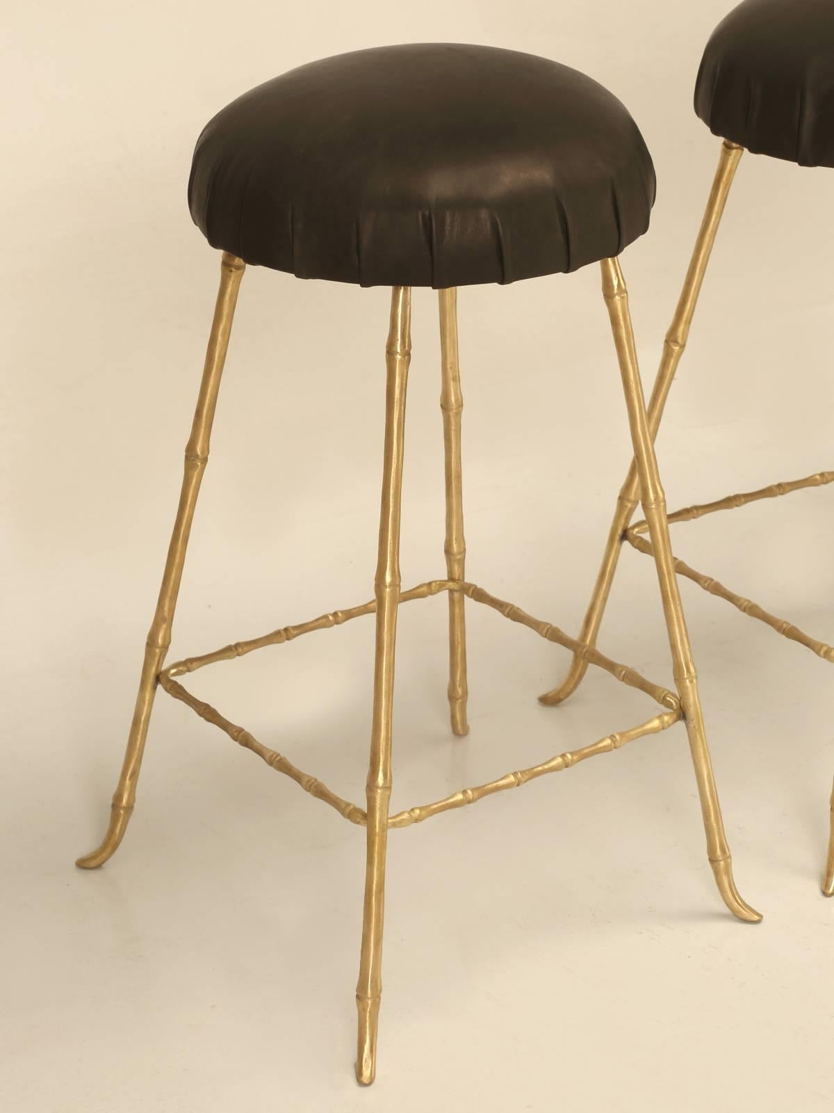 Contemporary Polished Solid Brass Counter Stools in a Jansen Inspired Faux Bamboo Design