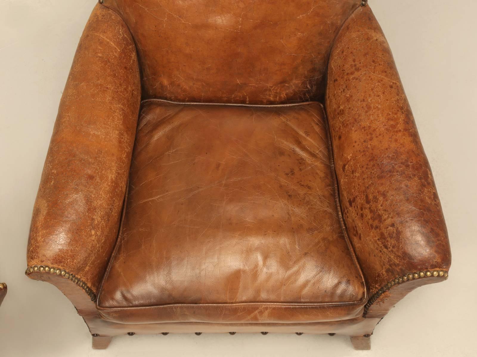 French Art Deco Leather Club Chairs, Original Leather and Fully Restored  1