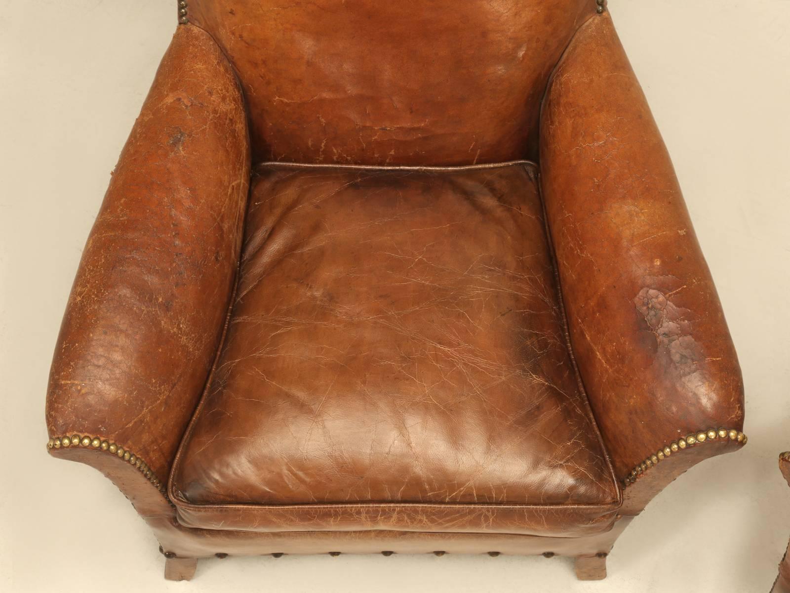 Early 20th Century French Art Deco Leather Club Chairs, Original Leather and Fully Restored 